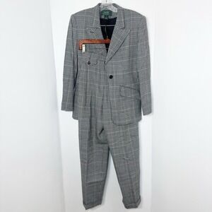 Vtg Lauren Ralph Lauren 2 Pc Pant Suit Womens 4/6 Wool Glen Plaid Pleated Cuffed